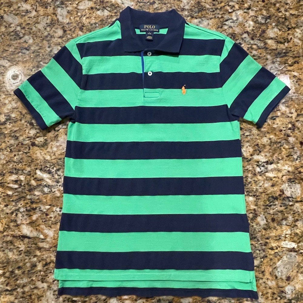 Boys Large (14-16) Polo Ralph Lauren Button Short Sleeve Shirt green and navy